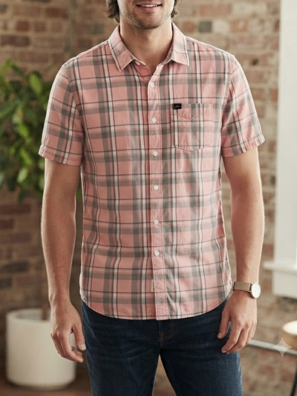 Hollister Men's Short-Sleeve Pink Plaid Button-Up Shirt- XL